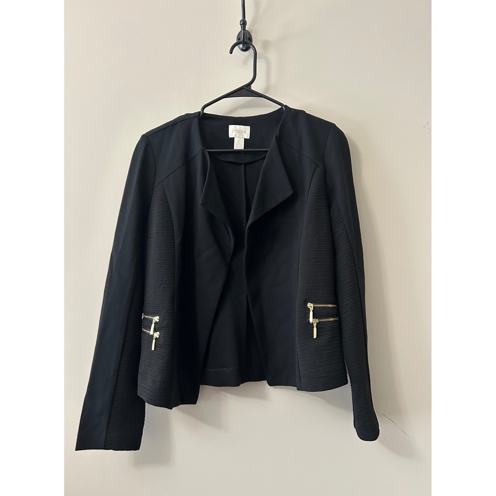 Chicos Black Mixed Media Open Front Blazer Gold Zip Accents Size 0 Small